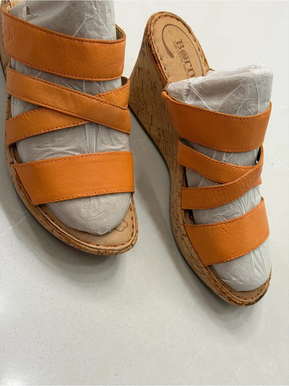 Born Zemora Orange Leather Strappy Cork Wedge Sandals 8M Boho Slide